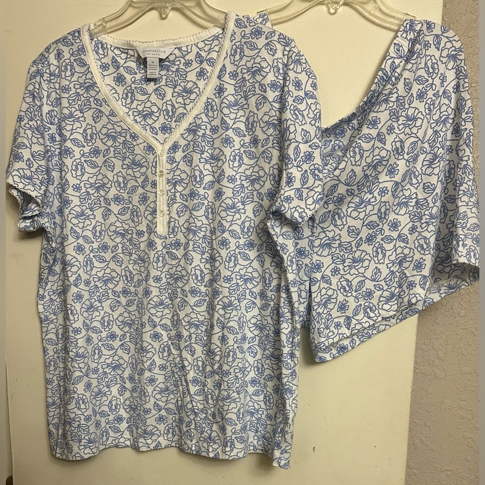 Charter Club White and Blue Floral V-Neck Blouse